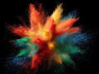 Poster - Energetic Explosion of Vibrant Hues Abstract Motion of Multicolored Particles Dance Against Black Backdrop