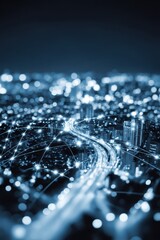 Poster - Urban Nightscape with Connectivity Network Modern City Skyline with Illuminated Highways and Data Connection