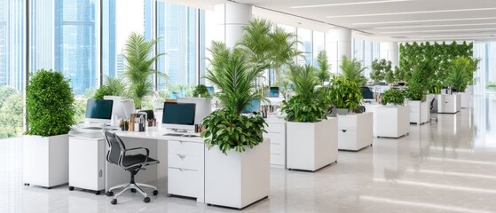 Poster - Bright modern office space filled with natural light from large windows and green plants creating a fresh and productive atmosphere