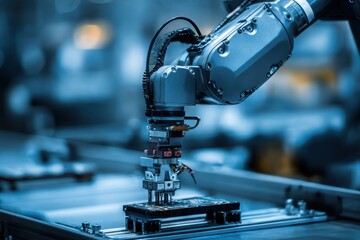 Poster - Advanced robotic arm precision manufacturing electronic component automated modern industry in motion