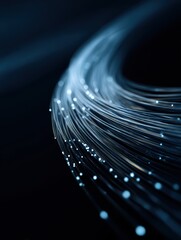 Poster - Stream of luminous fiber optic cables forming an abstract flow against a dark smooth gradient background