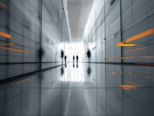 Poster - Modern Hallway Perspective with Blurred Figures and Sunlight Abstract Architectural Interior View
