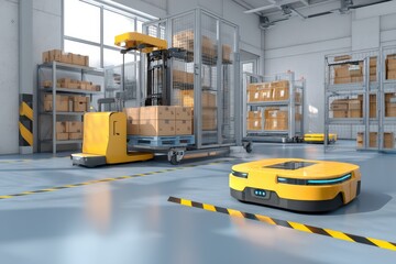 Poster - Bright automated robotic vehicles transporting goods boxes in warehouse logistics for efficiency
