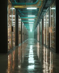 Poster - Computer server room featuring endless racks of servers and cables in a mysterious illuminated setting