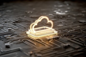 Poster - Cloud Computing Concept Illuminated Cloud Symbol on Dark Futuristic Motherboard Technology Focus