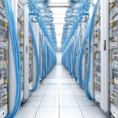Poster - Modern Data Center Hallway with Servers and Blue Cables Data Storage and Networking Architecture