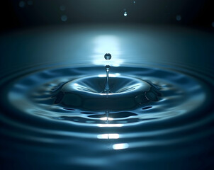 Poster - Captivating Liquid Art, Mesmerizing Ripples and Dramatic Light Play in a Serene Aquatic Scene with a Single Droplet Creating Circular Waves