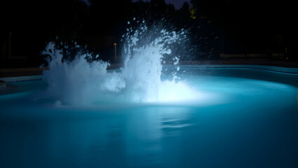 Poster - Captivating long exposure shot showcasing the dynamic water break in a pool, illuminated with ethereal light, creating a mesmerizing aquatic scene