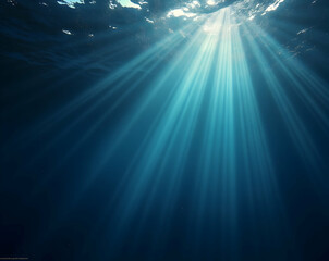 Poster - Captivating Underwater Illumination, Sunbeams Filtering Through Deep Ocean Depths Creating an Ethereal and Mesmerizing Aquatic Scene