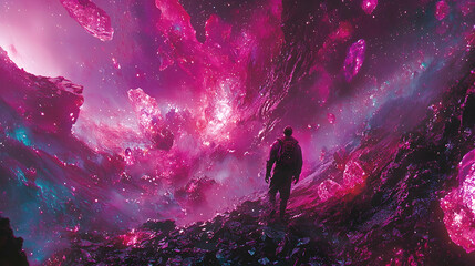Wall Mural - man gazing at vibrant pink alien landscape; cosmic crystals, nebula background; for science fiction,