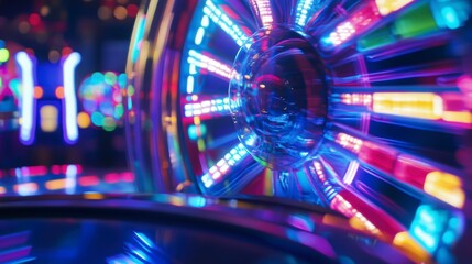 Poster - Vibrant, colorful spinning wheel with bright LED lights at night.
