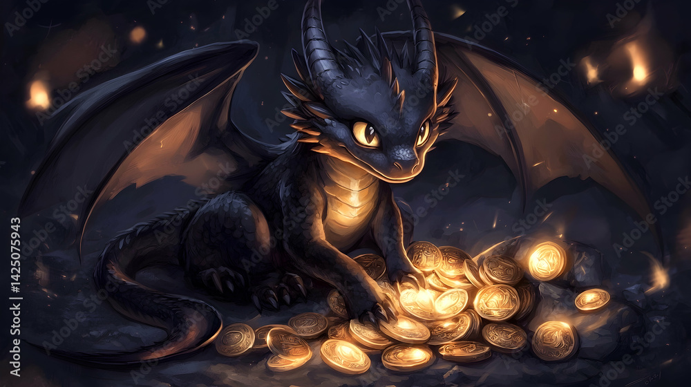 Cute baby dragon guarding gold coins in a dark cave; fantasy ...