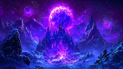 Wall Mural - fantasy castle glowing purple under double nebula, snowy mountains, starry night sky; perfect for ga
