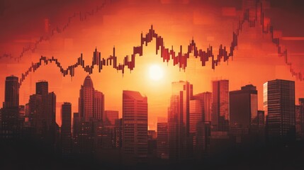 Poster - Dramatic sunset cityscape with superimposed stock market graph depicting economic trends.