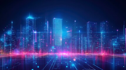Aufkleber - Futuristic city skyline at night with glowing digital lines and buildings.