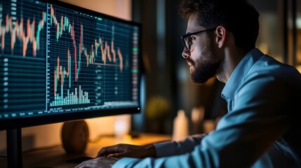 Poster - Focused businessman analyzing stock market data on a large computer screen at night.