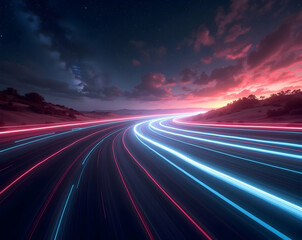 Poster - Dynamic light trails weaving through a picturesque landscape at twilight offering a sense of speed movement and an artistic interpretation of motion over time