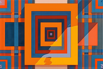 Poster - Dynamic Op Art Composition, Concentric Squares in Harmonious Orange and Blue Tones Creating a Visually Engaging Flux and Depth Illusion
