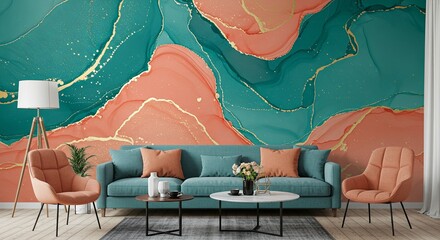 Poster - A living room with a green couch and orange chairs