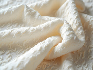 Poster - Elegant close up showcasing the delicate texture and intricate details of soft cream colored fabric with subtle patterns and loose threads creating a luxurious, textile art