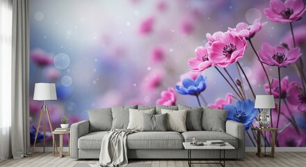 Poster - A wall mural of a flower garden with pink and blue flowers