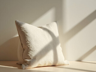 Poster - Elegant minimalistic cushion, displaying a fine cloth weave, highlighted by a gentle light source, enhancing the visual texture and depth, creating a tranquil scene