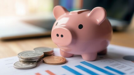 Fototapete - Pink piggy bank with coins on financial report.