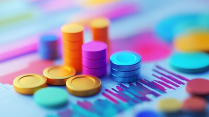 Aufkleber - Colorful 3D cylinders and coins on a financial chart.