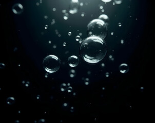 Poster - Enchanting underwater scene with luminous air bubbles floating gracefully in the stillness, their delicate dance illuminated by ethereal lighting, creating a mesmerizing spectacle