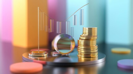 Fototapete - Abstract 3D rendering of financial growth, showing a rising graph with gold coins and colorful background.