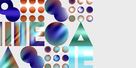Poster - Abstract composition featuring geometric shapes, circles, rectangles, triangles. Gradient colorsblue, teal, orangecreate dynamic visual texture. Modern design elements suggest innovation, technology.