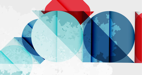 Aufkleber - Abstract geometric composition. Overlapping circles, triangles create dynamic visual effect. Blue, red hues dominate light background. Modern design elements present.