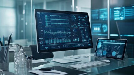 Poster - Modern office workspace with desktop computer and tablet displaying data analytics.