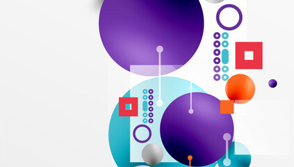 Aufkleber - Abstract composition features overlapping circles, squares, lines. Turquoise, purple, orange hues dominate design. Minimalist aesthetic with geometric shapes creates modern visual impact.