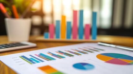 Fototapete - Close-up of financial charts and graphs on a desk with calculator and pen.