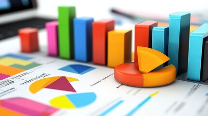 Aufkleber - Colorful 3D bar and pie charts on financial report.