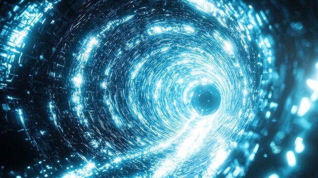 Digital Vortex: A Glowing Blue Tunnel of Light and Data