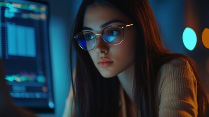 Poster - Focused young woman in glasses works late on computer, analyzing data on screen.