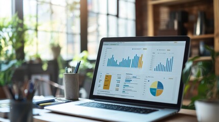 Aufkleber - Laptop displaying data analytics charts and graphs on a desk in a bright office.