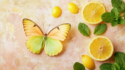 Poster - Yellow butterfly on textured background with lemon slices and mint leaves.