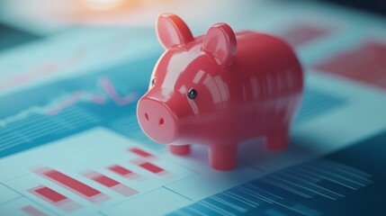 Fototapete - Red piggy bank rests on financial charts depicting savings, investment, and economic growth.