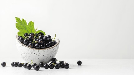 Poster - A rustic bowl overflowing with ripe black currant berries and fresh leaves, top view on light background