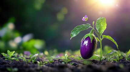 Aufkleber - Aubergine growing on healthy plant, vibrant colors and natural garden background