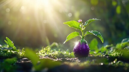 Aufkleber - Aubergine growing on healthy plant, vibrant colors and natural garden background