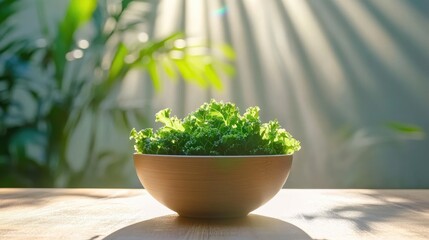 Poster - Bright bowl of curly kale on wooden tabletop, natural and rustic aesthetic