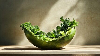 Poster - Bright bowl of curly kale on wooden tabletop, natural and rustic aesthetic