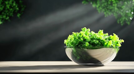 Poster - Bright bowl of curly kale on wooden tabletop, natural and rustic aesthetic