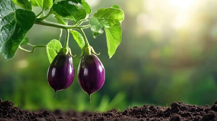 Poster - Brinjal fruit hanging from plant, with soil and leaves in soft background