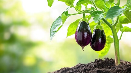 Poster - Brinjal fruit hanging from plant, with soil and leaves in soft background