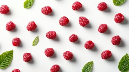 Aufkleber - Clean macro view of juicy raspberries with leaves on a white seamless background